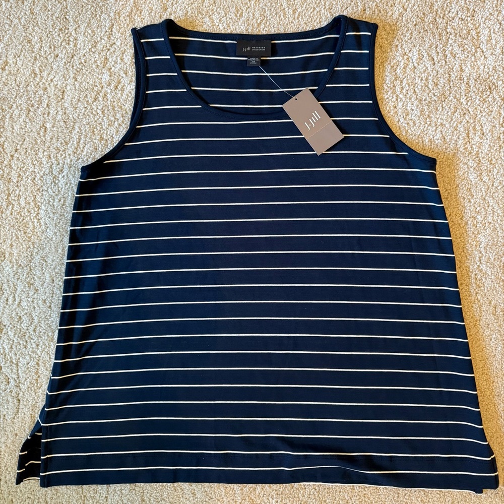 NWT J. Jill Wearever Collection Navy Blue and White Striped Tank Top XS Petite
